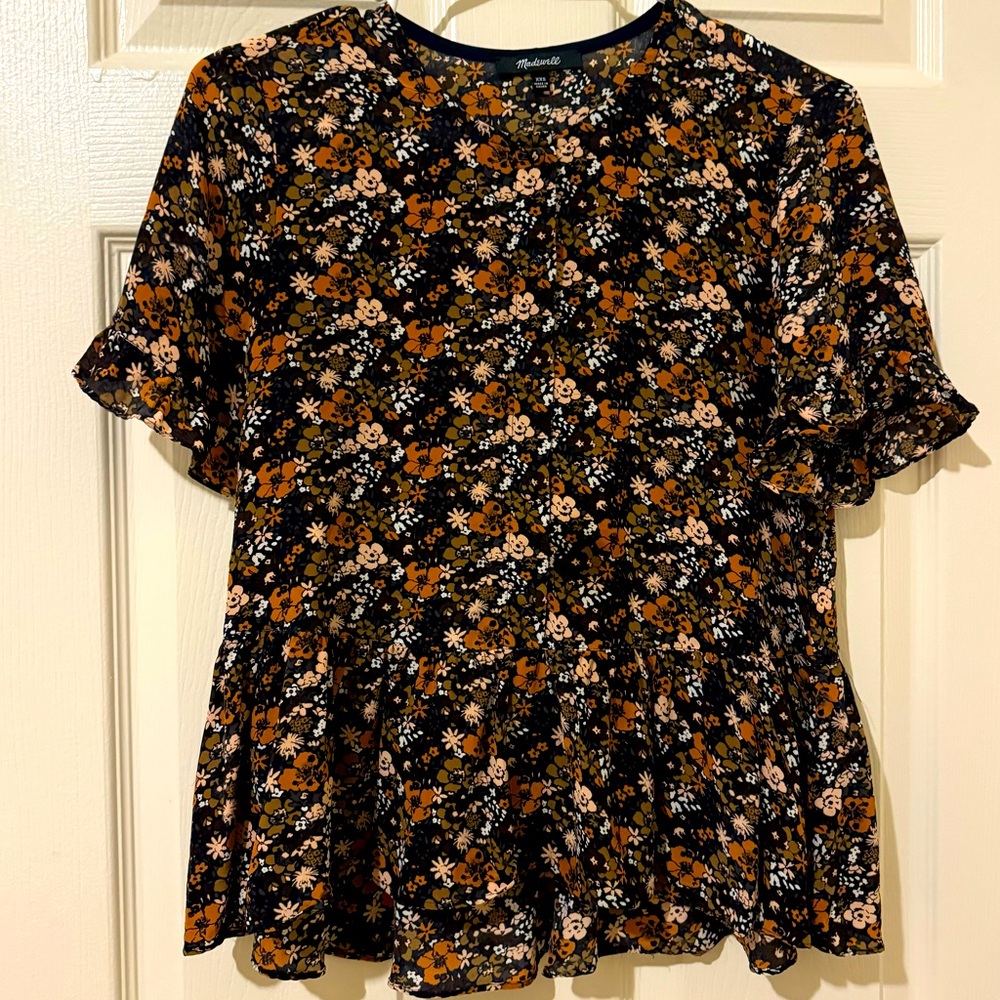 Madewell black silk floral print peplum hem button-down blouse